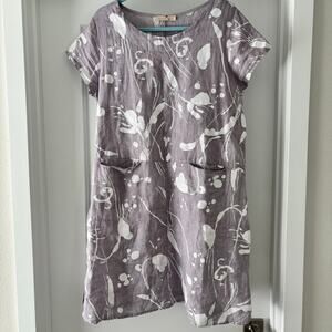 Lands Downunder Lavender Purple and White Floral 100% Linen Dress Size XL